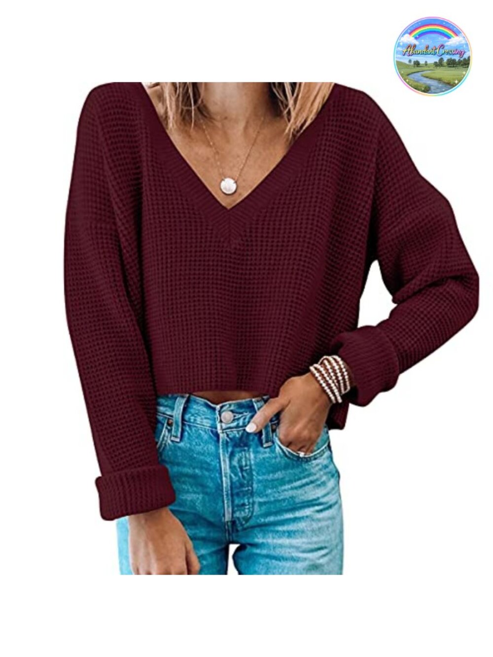 Waffle Knit Crop Sweater V Neck Long Sleeve Pullover Top